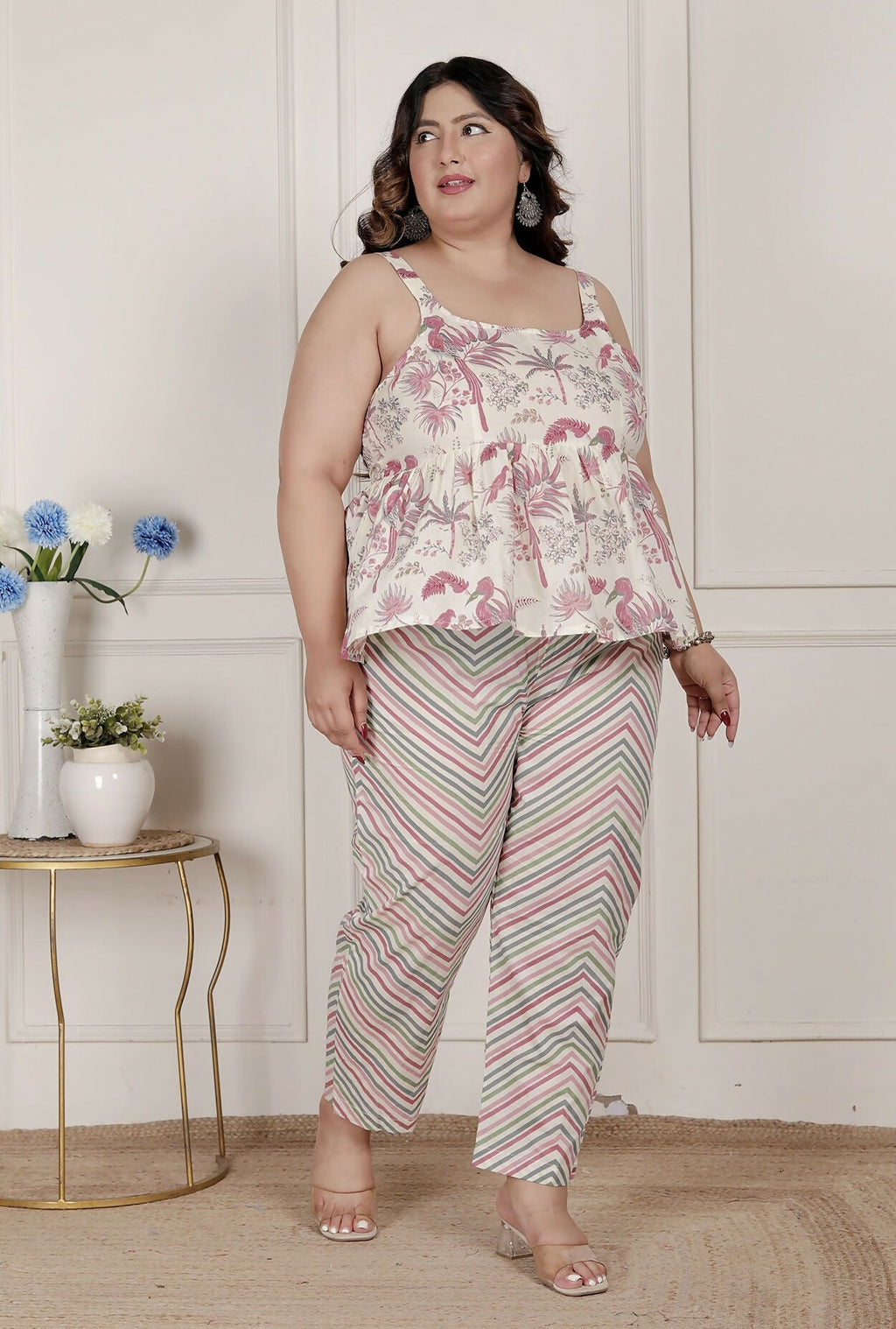 Miravan Womens Plus Size Pink Pure Cotton Leaf Printed Kurti With Palazzo | Grocsy