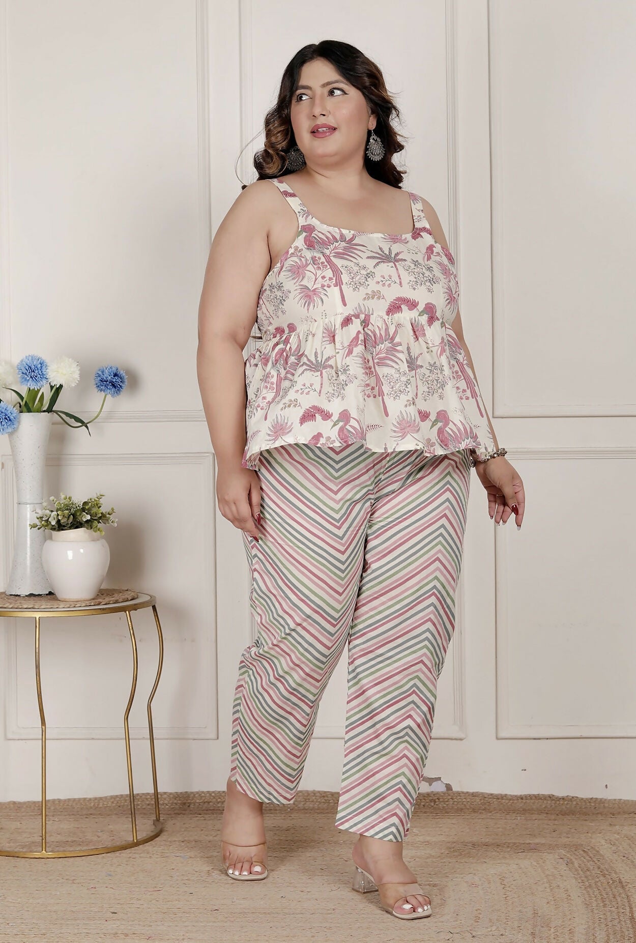 Miravan Womens Plus Size Pink Pure Cotton Leaf Printed Kurti With Palazzo | Grocsy