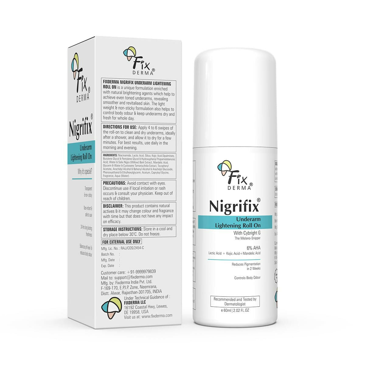 Fixderma Nigrifix Underarm Lightening Roll on with 6% AHA, Lactic Acid & 1% Mandelic Acid, Brightens Skin & Exfoliates Underarm | Grocsy