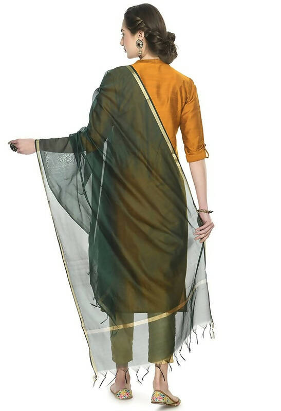 Mominos Fashion Moeza Banarsi Piping Bottle Green Dupatta | Grocsy