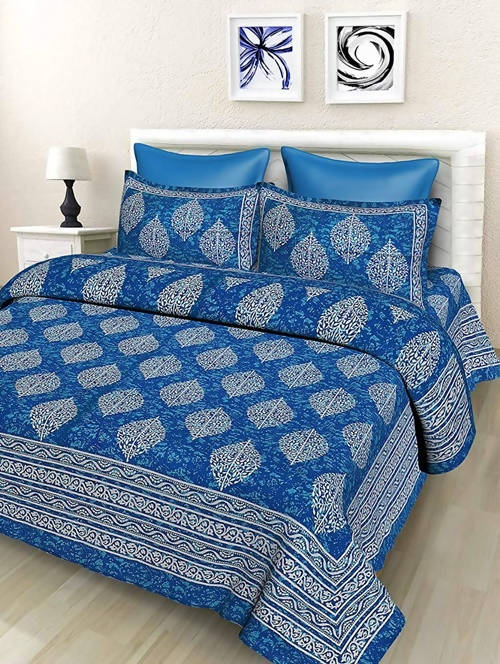 Vamika Printed Cotton Blue Color Latest Design Bedsheet With Pillow Covers (LEOC_2_BLUE) | Grocsy