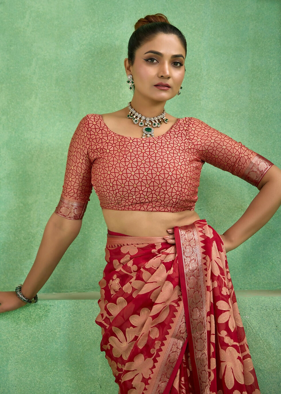 Joban Fashion Pinkdull Moss Brasso With Kasab Zari Border Saree & Tassels With Brasso Blouse | Grocsy