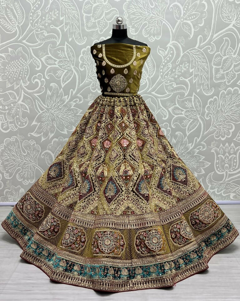 Jyoti Fashion Women's Mehendi Velvet Dori, Multi Thread Embroidered with Zircon Diamond Work Wedding Lehenga Choli | Grocsy