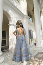 Eilara Light Blue Net Threadwork Lehenga | Grocsy