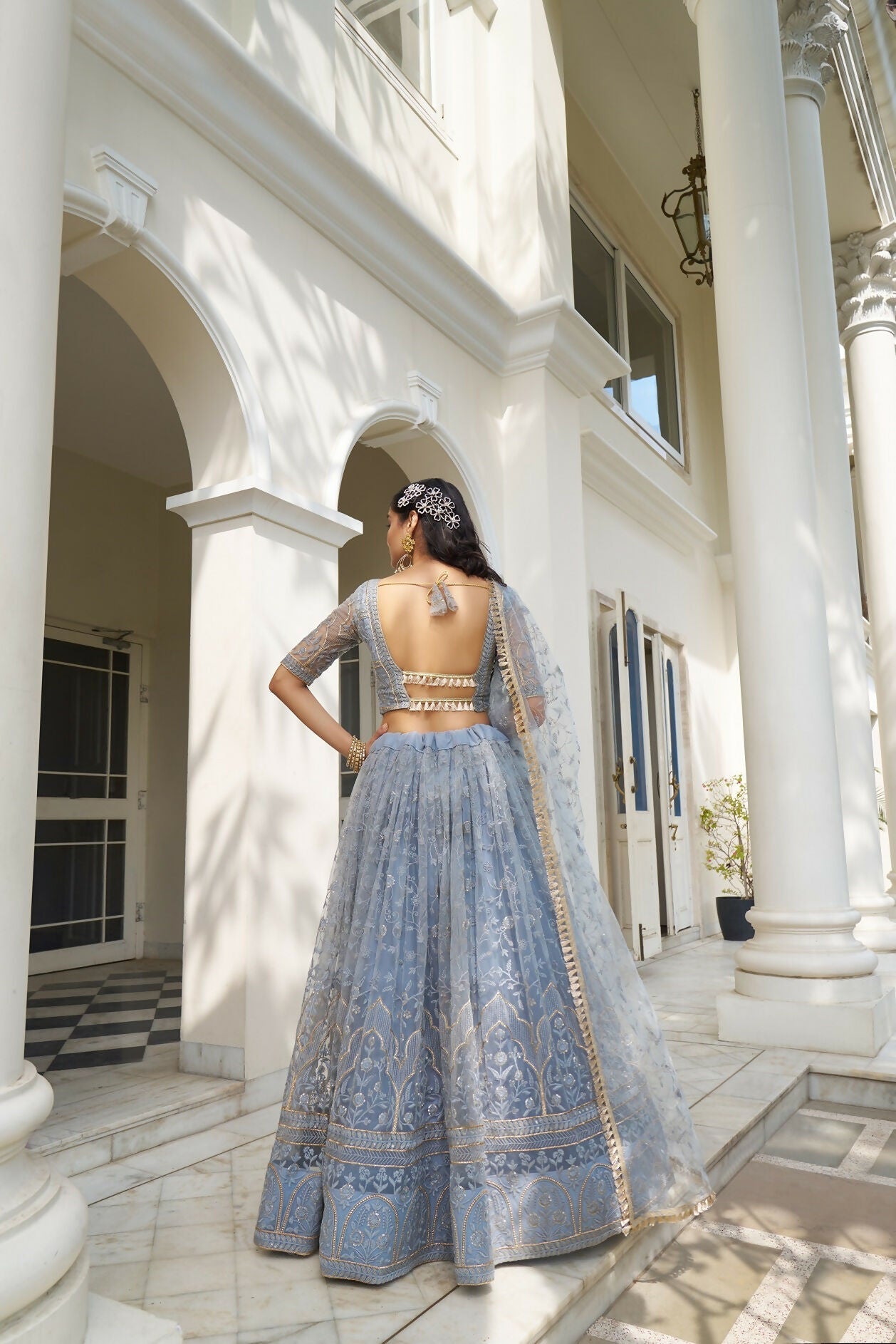 Eilara Light Blue Net Threadwork Lehenga | Grocsy