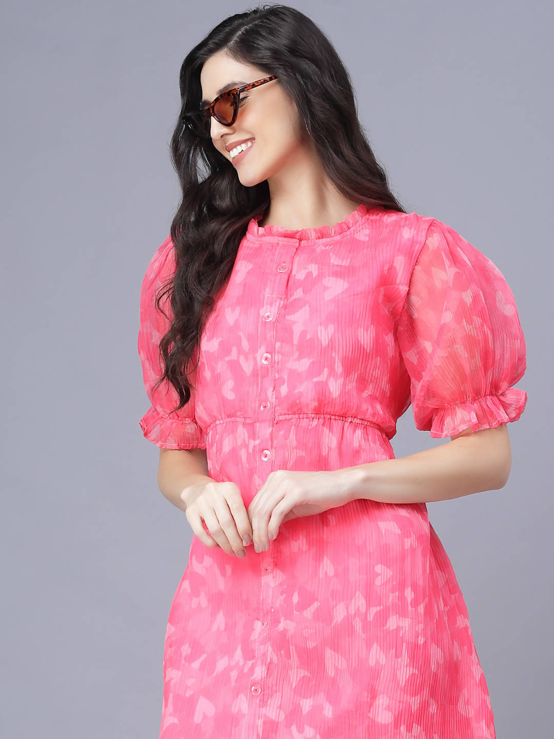 Myshka Women Pink White Floral Organic Cotton Midi Dress | Grocsy