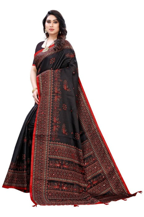 Vamika Black Mirror Work With Jhalar Khadi Silk Saree (AASHI BLACK) | Grocsy
