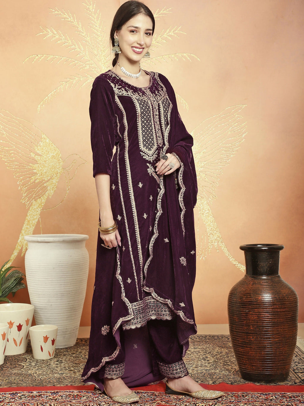 Jyoti Fashion Women's Wine Velvet Cording with Resham Thread & Sequin Kurta with Trouser & Dupatta | Grocsy