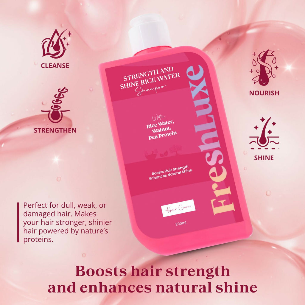 FreshLuxe Strength & Shine Shampoo Rice Water, Walnut Oil & Pea Protein For Damaged Hair & Reduce Split Ends | Grocsy