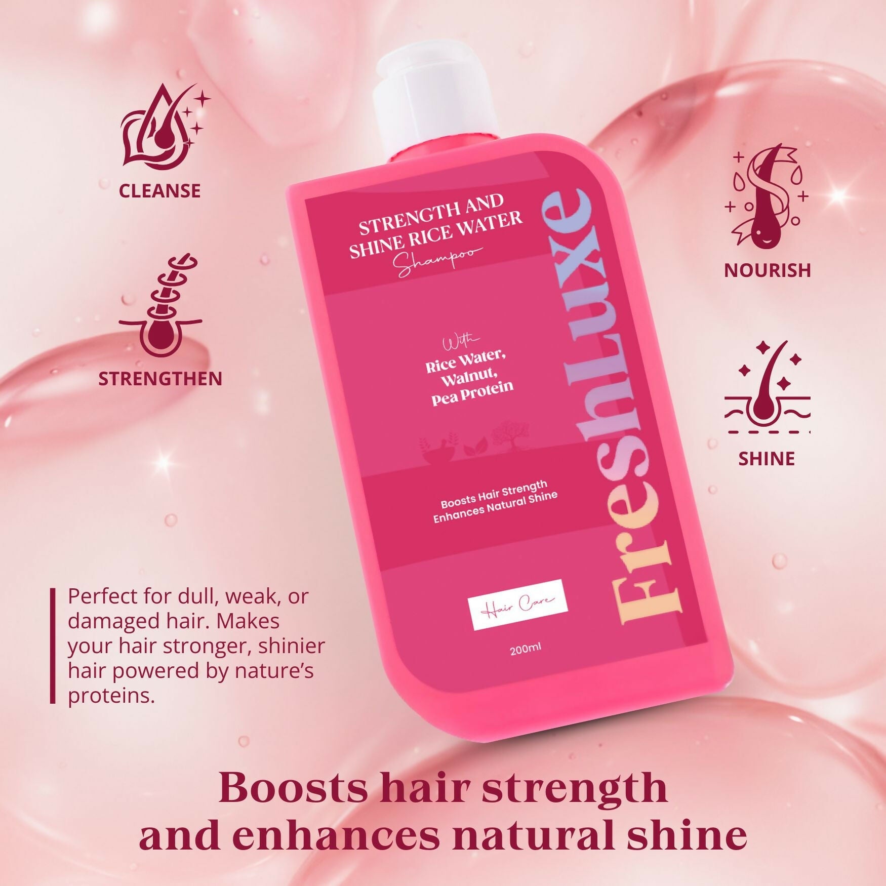 FreshLuxe Strength & Shine Shampoo Rice Water, Walnut Oil & Pea Protein For Damaged Hair & Reduce Split Ends | Grocsy