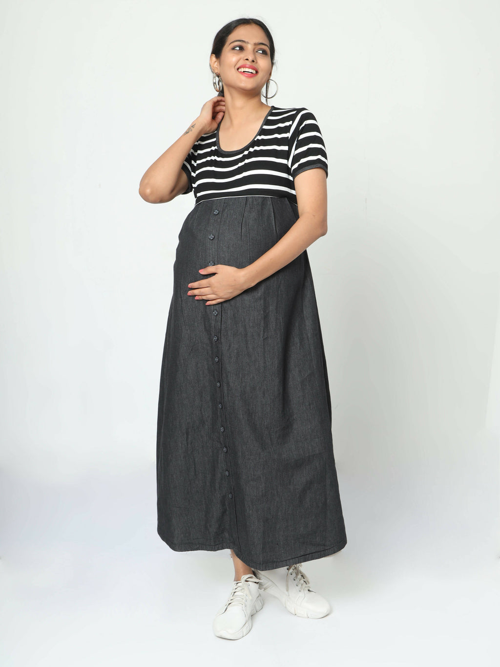 Manet Half Sleeves Maternity Dress White Striped With Concealed Zipper Nursing Access - Black | Grocsy