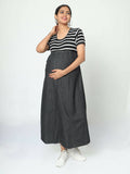 Manet Half Sleeves Maternity Dress White Striped With Concealed Zipper Nursing Access - Black | Grocsy