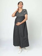 Manet Half Sleeves Maternity Dress White Striped With Concealed Zipper Nursing Access - Black | Grocsy