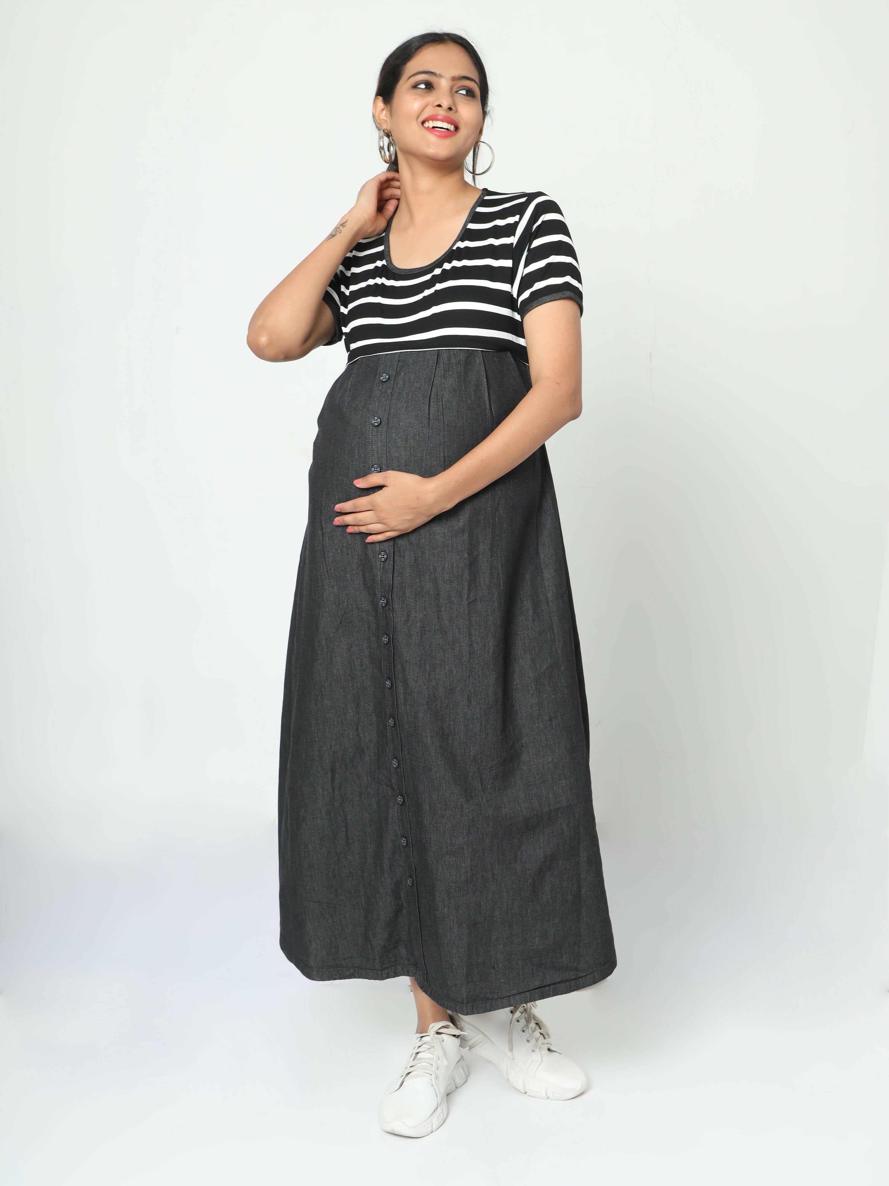 Manet Half Sleeves Maternity Dress White Striped With Concealed Zipper Nursing Access - Black | Grocsy