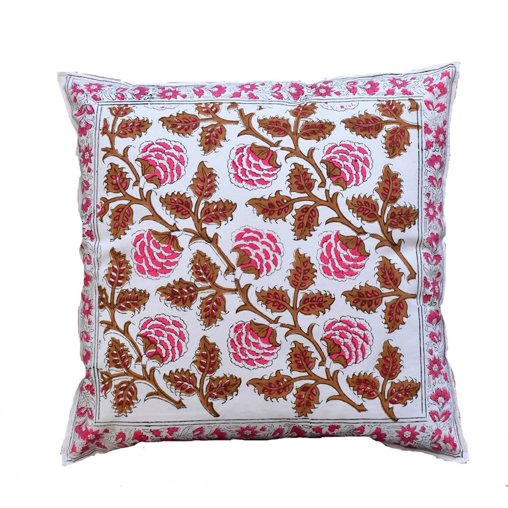 The Decor Nook Pink Brown Floral Print With Pink Border Cushion Cover | Grocsy