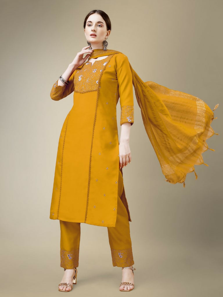 Jyoti Fashion Women's Yellow Cotton Blend Embroidery & Fancy Lace work Kurta with Trouser & Dupatta | Grocsy