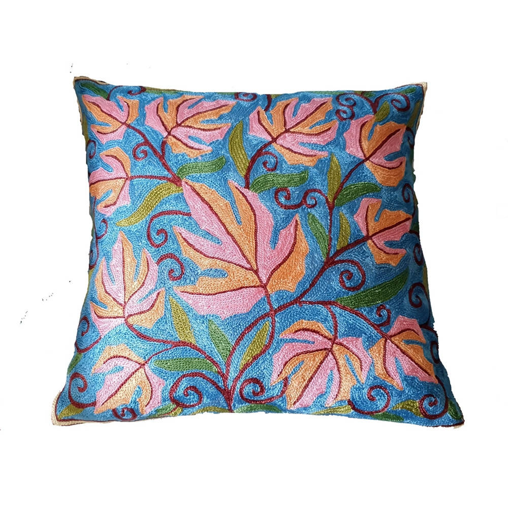 The Decor Nook Hand Embroidered Crewel Cushion Covers in Colar Pink & Chinar Leaf Motif with Blue Base | Grocsy