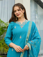 The52 Blue Women's Gorgeous Viscose Fabric Embroidered Work Straight Kurta, Pant and Dupatta Set | Grocsy