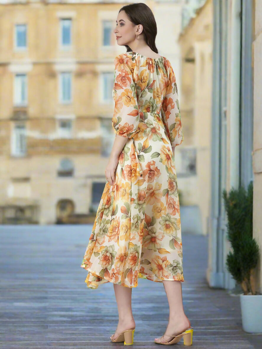 Souchii Cream Floral Chiffon Dress | Grocsy