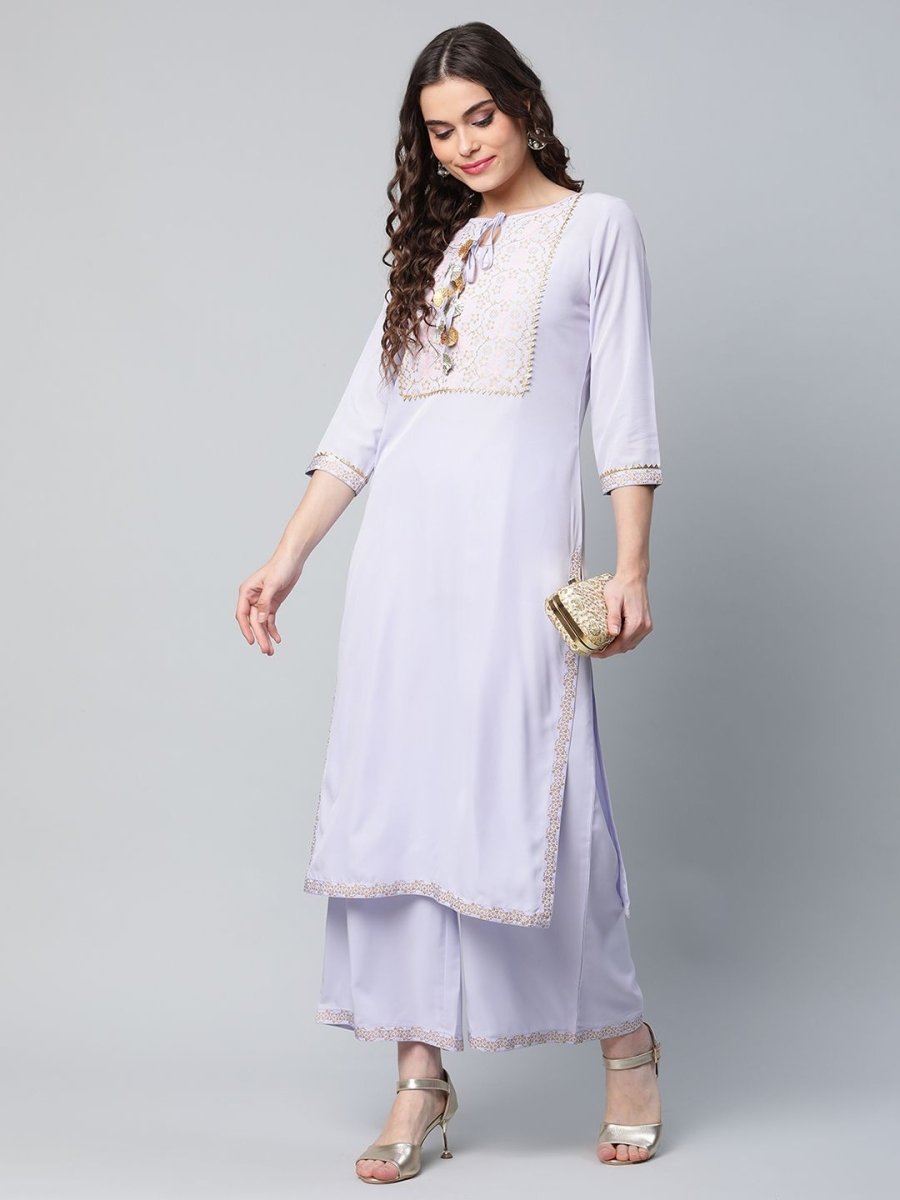 Ahalyaa Women's Powder Blue Crepe Gold Printed Kurta Palazzo Set | Grocsy