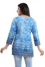 Snehal Creations Novelista Sky Blue Faux Crepe Printed Short Kurti Tunic | Grocsy