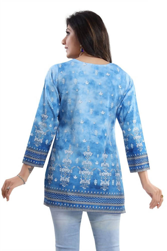 Snehal Creations Novelista Sky Blue Faux Crepe Printed Short Kurti Tunic | Grocsy