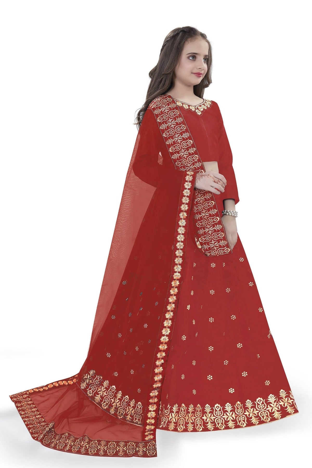 Dwiden Red Queen Tafetta Sattin Semi-Stitched Girl's Lehenga Choli | Grocsy