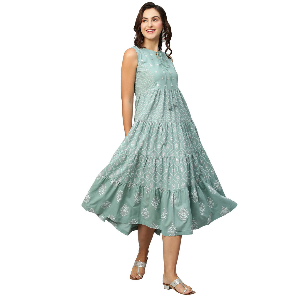 Sea Green & White Ethnic Motifs Embroidered Pure Cotton Maxi A-Line Dress - Poonam | Grocsy