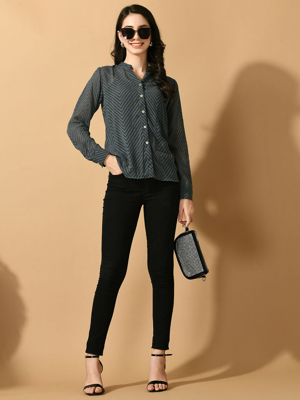 Myshka Women's Grey Georgette Solid Sheer Shirt | Grocsy