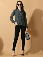 Myshka Women's Grey Georgette Solid Sheer Shirt | Grocsy