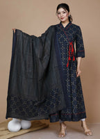 Miravan Women's Abstract Printed & Tasseles Angrakha Kurta With Blue Dupatta Set | Grocsy