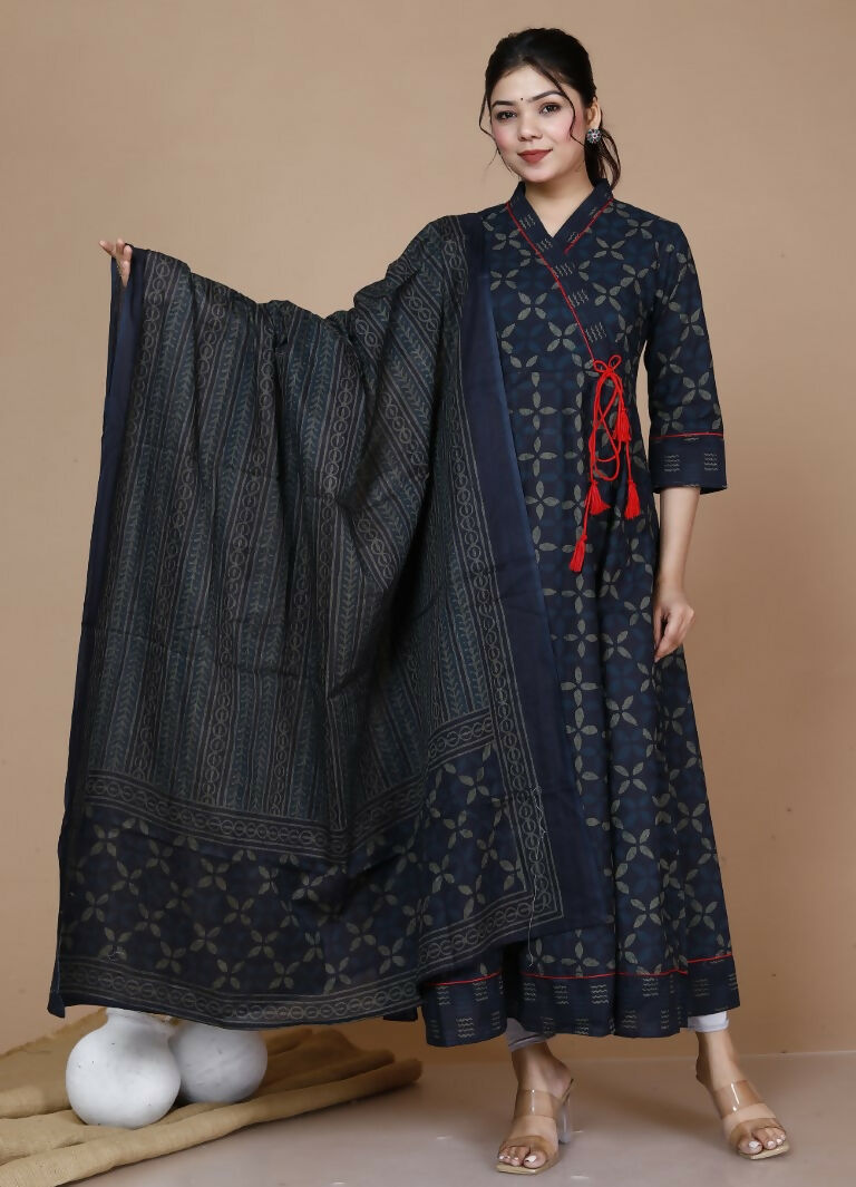 Miravan Women's Abstract Printed & Tasseles Angrakha Kurta With Blue Dupatta Set | Grocsy
