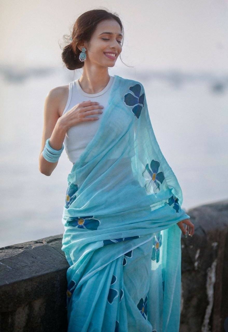 Prime Volt Women's Sky Blue Floral Digital Print Soft Linen Saree With Blouse | Grocsy