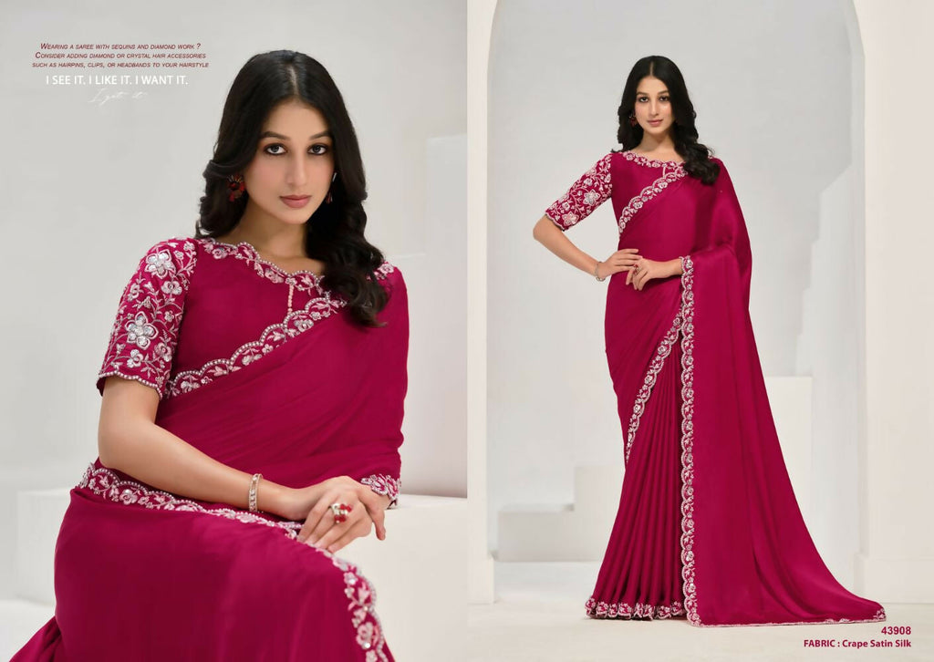 Pink Crepe Satin Silk Sequence Saree with Unstitched Blouse Piece - Norita Saanjh | Grocsy