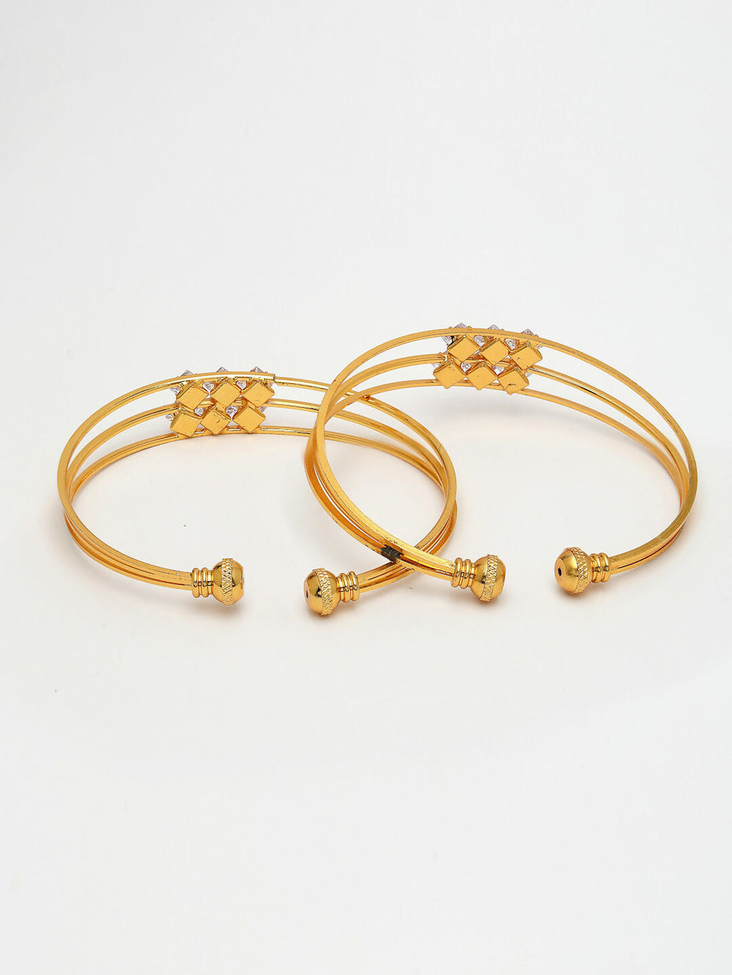 NVR Women's Set of 2 Gold-Polished CZ Stone-Studded Adjustable Bangles