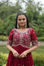 Vastranavya Premium Designer Faux Blooming with Embroidery Zari Sequins work Gown - Maroon | Grocsy