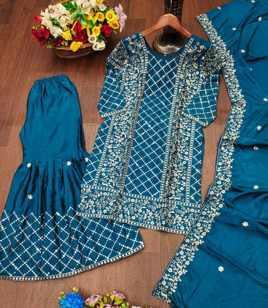 Teeya Creation Teal Color Chinon Silk Embroidery Work Sharara Set | Grocsy