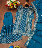 Teeya Creation Teal Color Chinon Silk Embroidery Work Sharara Set | Grocsy