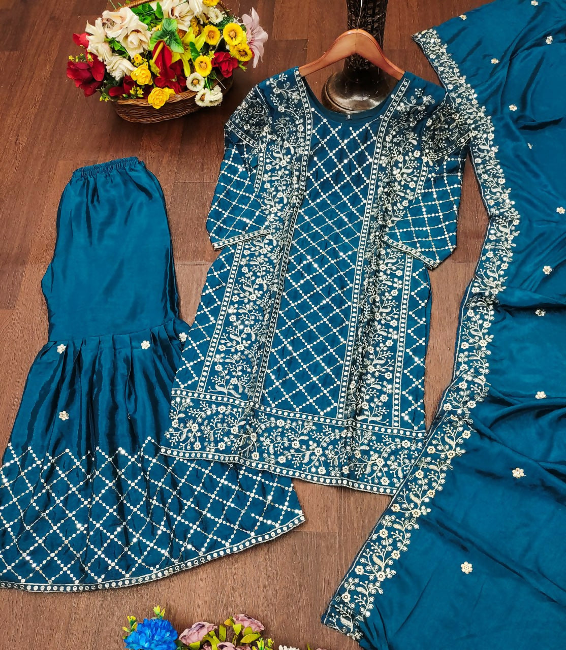 Teeya Creation Teal Color Chinon Silk Embroidery Work Sharara Set | Grocsy