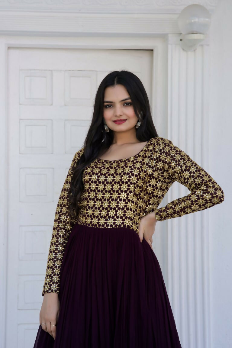 Jyoti Fashion Women's Wine Sequence Zari Embroidered Faux Blooming Anarkali Dress | Grocsy