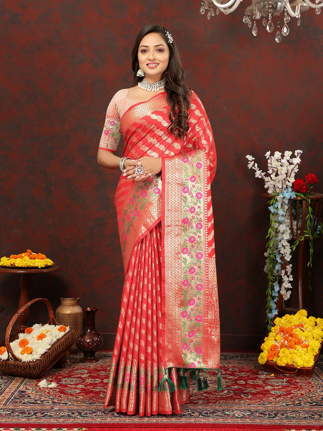 Lorenvalley Fashion Red Soft Silk Woven Design with Zari Weaving Leheriya Design Saree | Grocsy