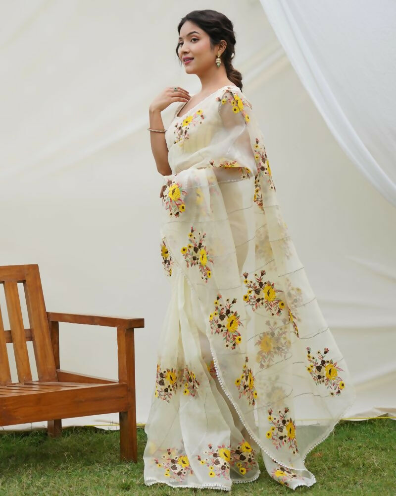 Vamsee Anamika Yellow (Anvika) Organza Silk Saree | Grocsy