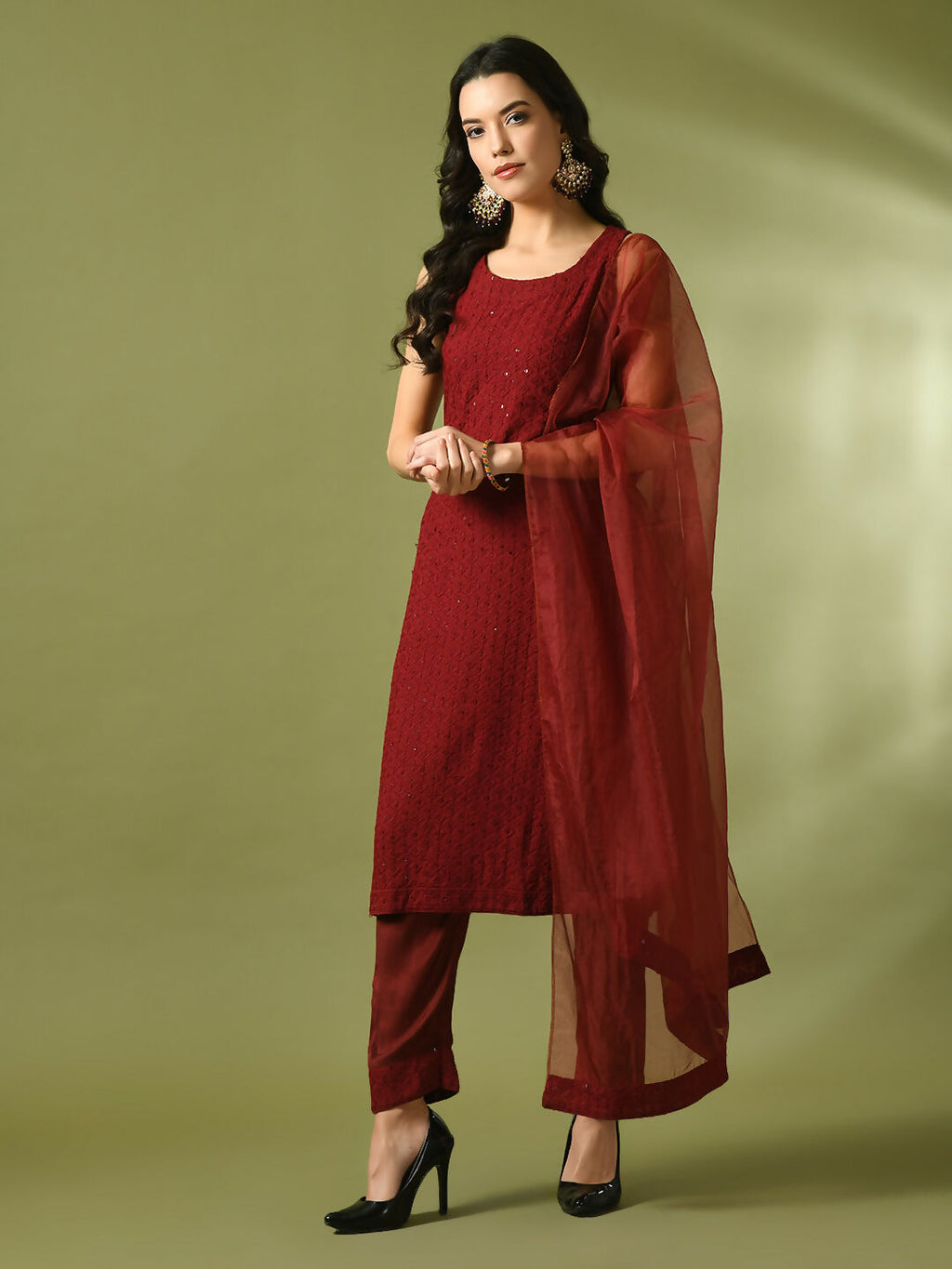 Myshka Women's Maroon Embroidered Cotton Straight Party Kurta Set With Dupatta | Grocsy
