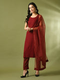 Myshka Women's Maroon Embroidered Cotton Straight Party Kurta Set With Dupatta | Grocsy