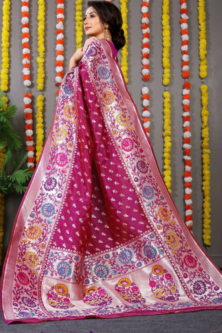 Jyoti Fashion Women's Magenta Banarasi Silk Zari Woven Saree with Blouse | Grocsy