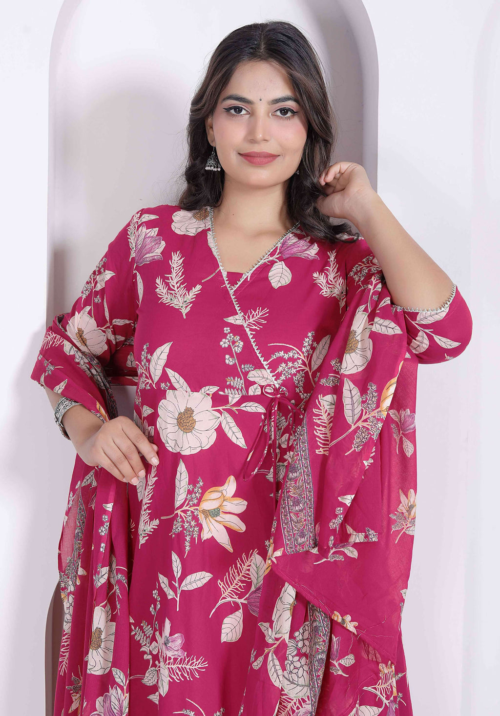 Miravan Womens Pink Floral Printed Angrakha Kurta With Dupatta | Grocsy