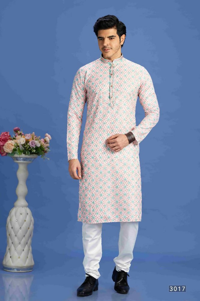 Raivat Ethnic Cotton Embroidery Kurta Pajama In Peach Colour | Grocsy