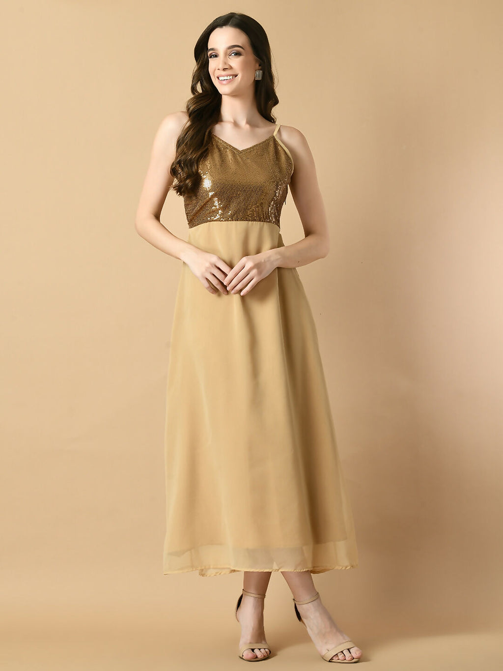 Myshka Women's Beige Solid Georgette Party Dress | Grocsy