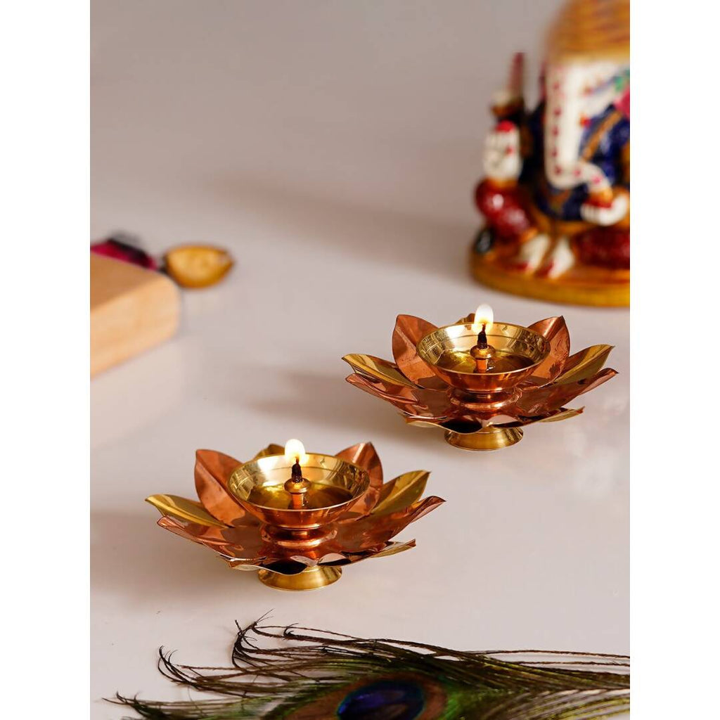 eCraftIndia Brown & Gold-Toned 2 Pcs Floral Shape Metal Diyas | Grocsy