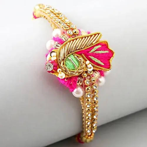 Delightful Pink Zardosi Rakhi & Cashew Jar | Grocsy